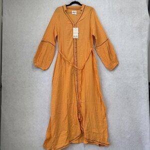 Irupe Dress Womens Medium Orange Maxi Button Front Belted Tassel Boho Cotton